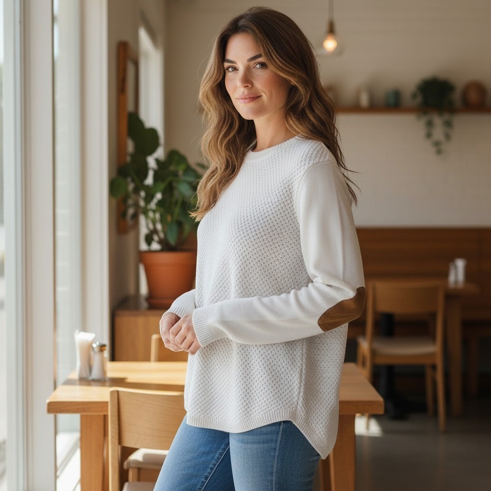 LETY‎ & ME Women's XL Cream Textured Knit Sweater Elbow Patches Cotton Acrylic